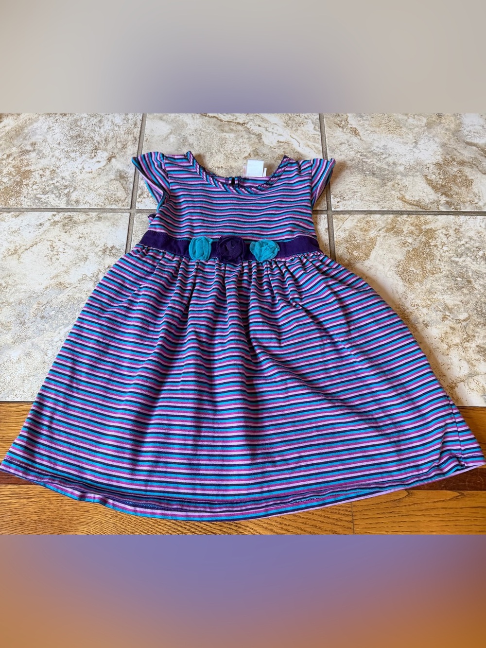 Dollie & Me Girls Size 6 Striped Dress Purple Pink Teal Flutter Sleeve